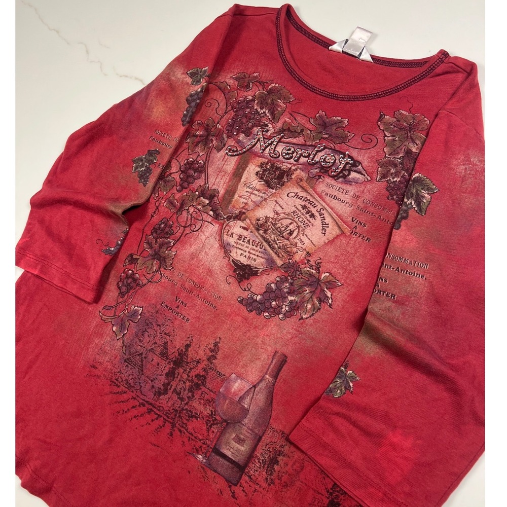 Christopher & Banks Graphic Top Womens L Red Merlot Wine 3/4 Sleeve Rhinestone
